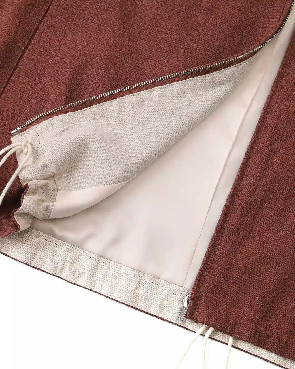 ZHABUXIAO Ramie Tencel Drawstring Adjust Casual Jacket Mahogany