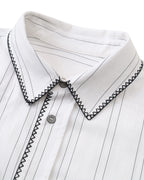 ZHABUXIAO Houndstooth Striped Metal Button Long Sleeve Shirt White