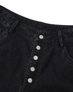 ZHABUXIAO Textured Denim Diamond Button Curved Wide Jeans Black