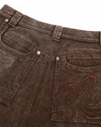 ZHABUXIAO Corduroy Plaid Acid Wash Straight Five-Point Shorts Brown