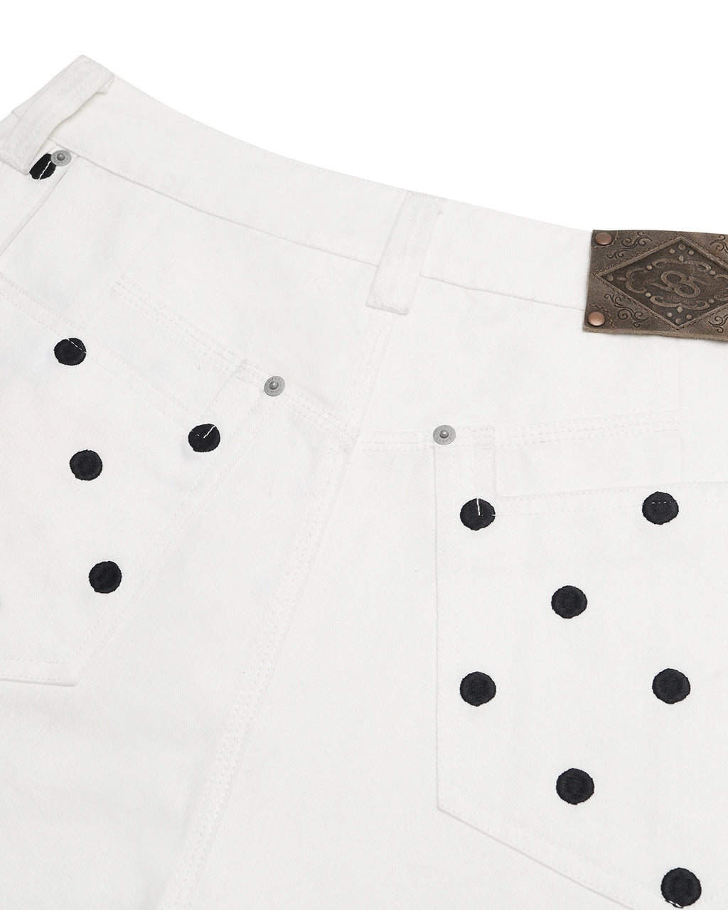 ZHABUXIAO Embroidered Polka Dot Curved Wide Leg Trousers White
