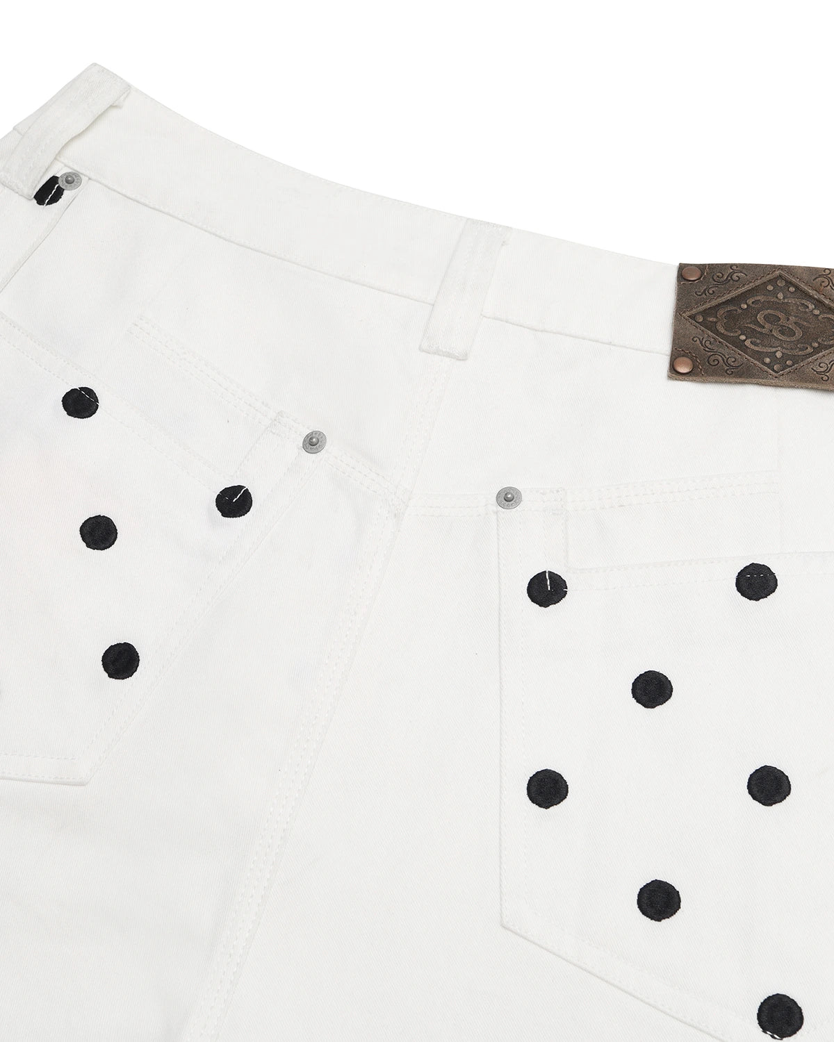 ZHABUXIAO Embroidered Polka Dot Curved Wide Leg Trousers White