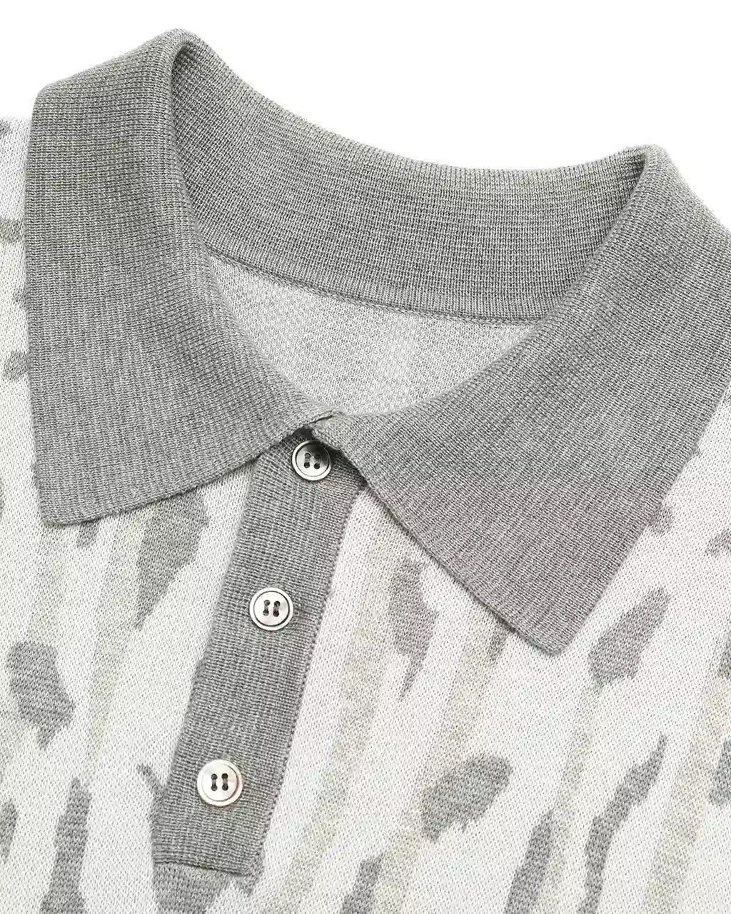 ZHABUXIAO Leopard Trim Wool Blend Ribbed Casual Polo T-Shirt Brown & Gray White