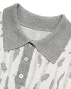ZHABUXIAO Leopard Trim Wool Blend Ribbed Casual Polo T-Shirt Brown & Gray White