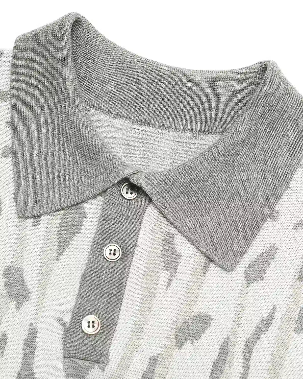 ZHABUXIAO Leopard Trim Wool Blend Ribbed Casual Polo T-Shirt Brown & Gray White