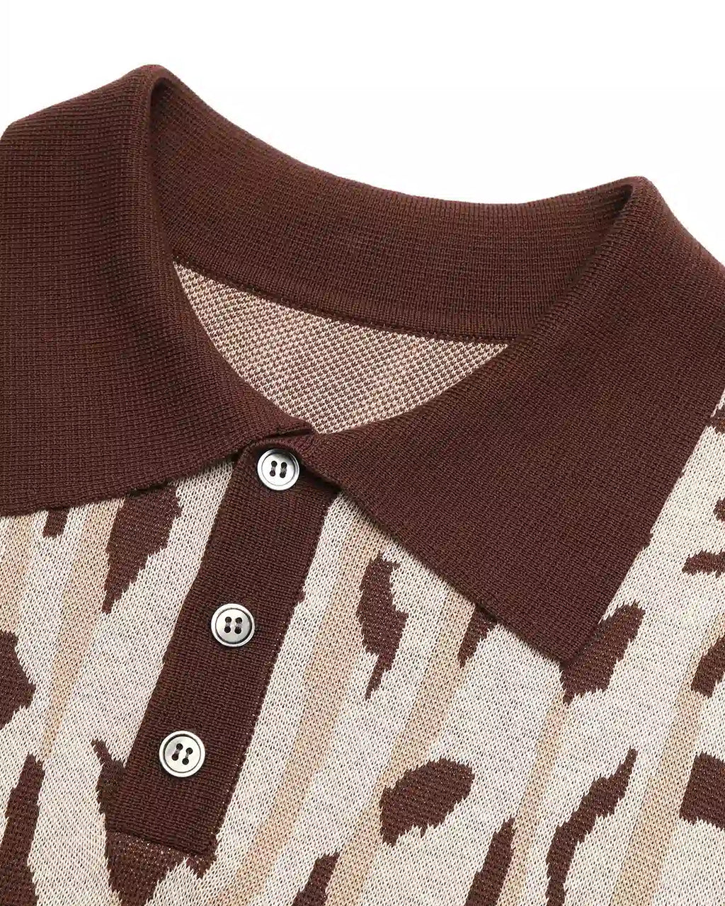 ZHABUXIAO Leopard Trim Wool Blend Ribbed Casual Polo T-Shirt Brown & Gray White