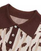 ZHABUXIAO Leopard Trim Wool Blend Ribbed Casual Polo T-Shirt Brown & Gray White