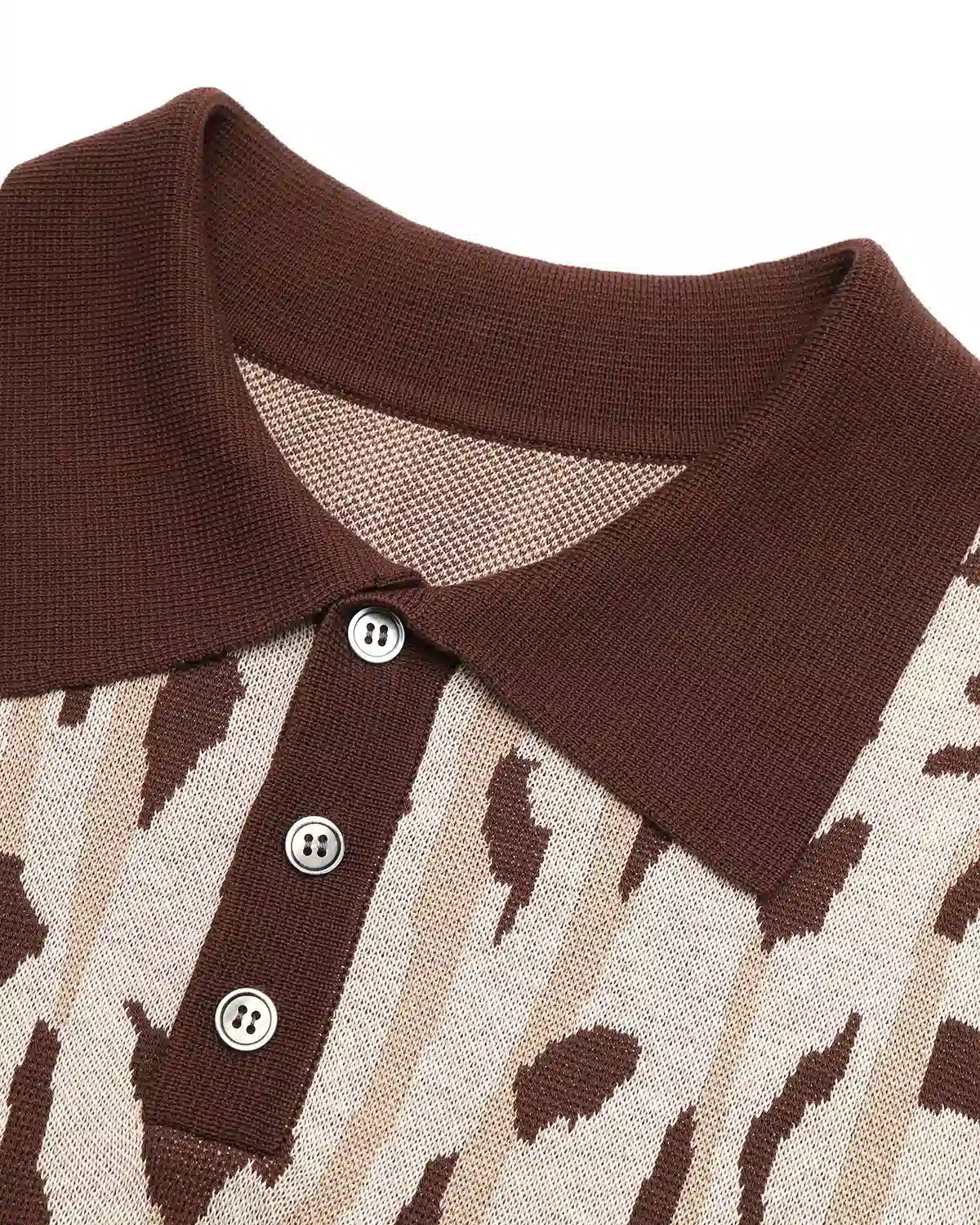 ZHABUXIAO Leopard Trim Wool Blend Ribbed Casual Polo T-Shirt Brown & Gray White