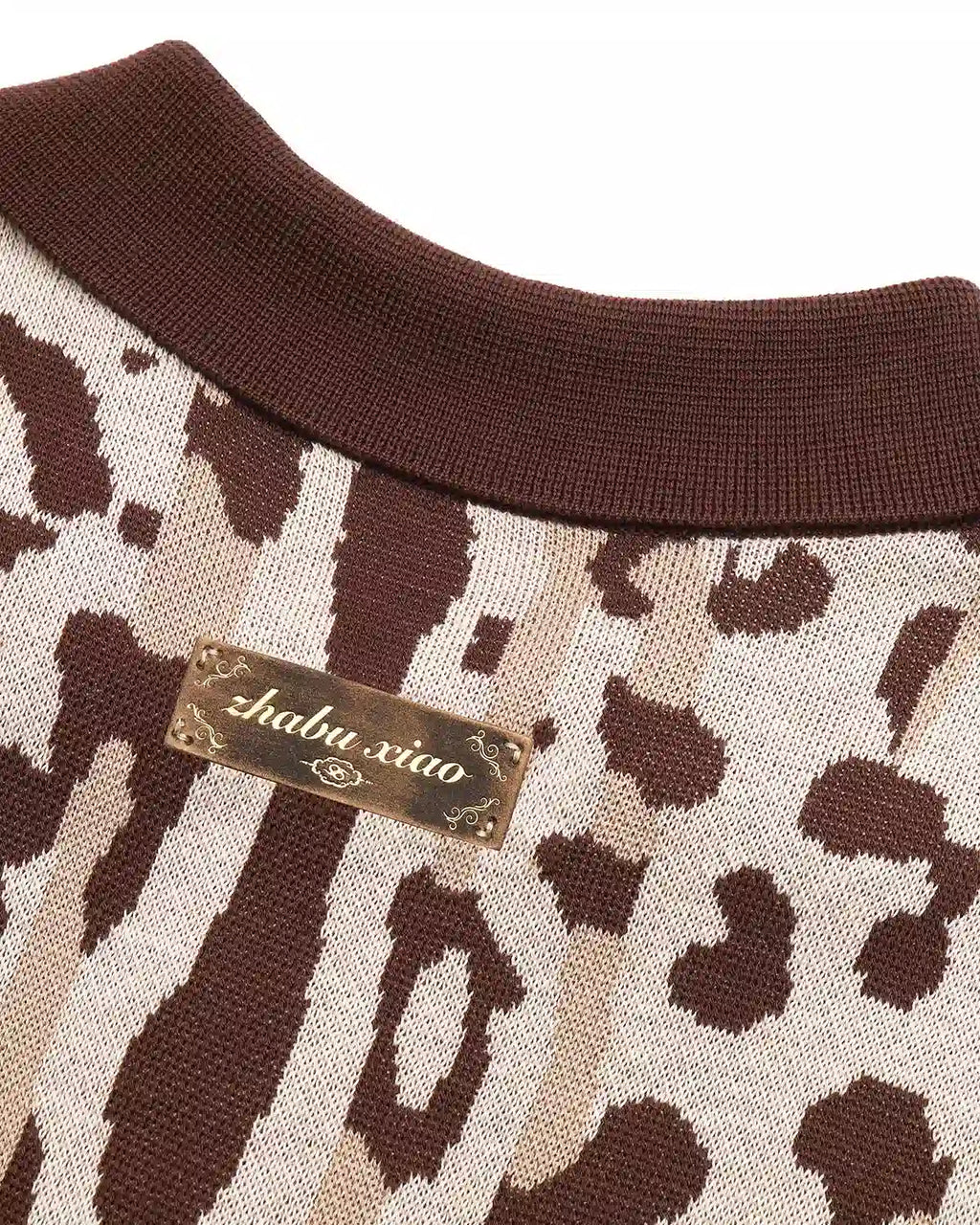 ZHABUXIAO Leopard Trim Wool Blend Ribbed Casual Polo T-Shirt Brown & Gray White