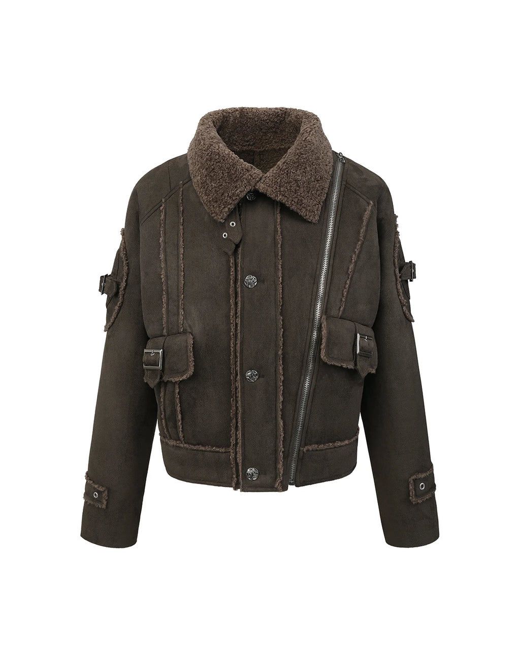 ZHABUXIAO Shearling Collar Metal Button Retro Fleece Jacket Dark Green