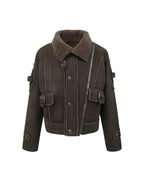 ZHABUXIAO Shearling Collar Metal Button Retro Fleece Jacket Dark Green