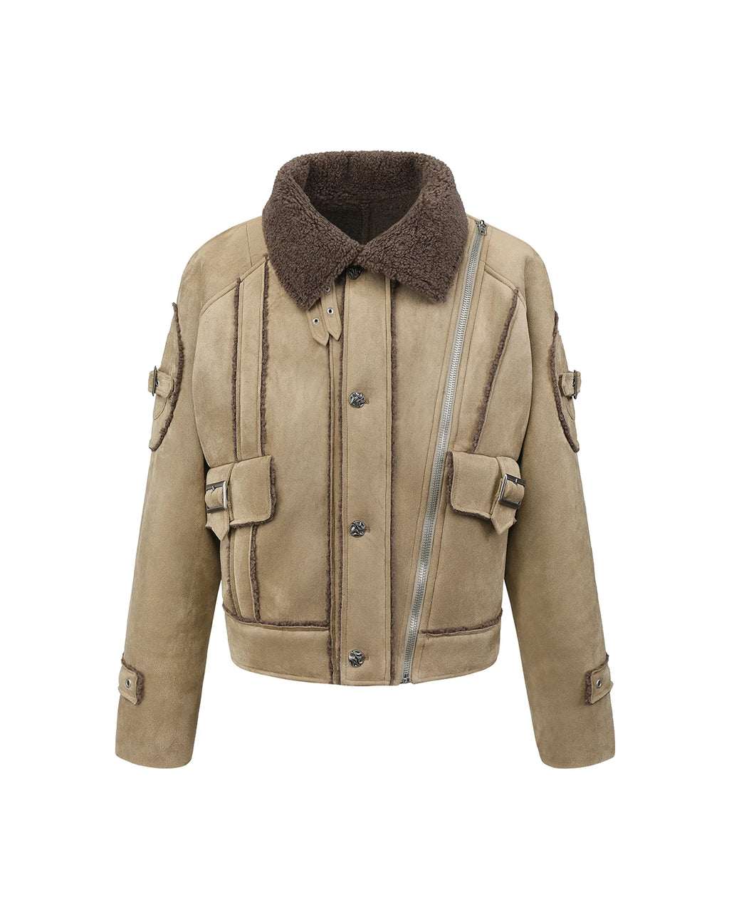 ZHABUXIAO Shearling Collar Metal Button Retro Fleece Jacket Khaki