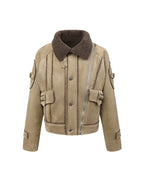 ZHABUXIAO Shearling Collar Metal Button Retro Fleece Jacket Khaki