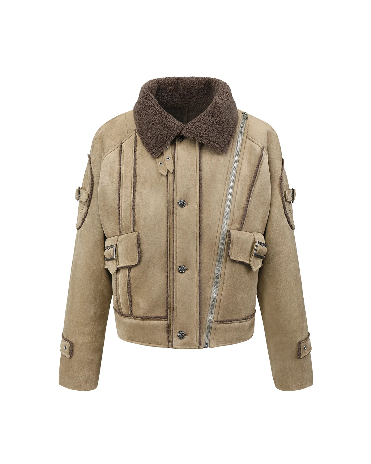 ZHABUXIAO Shearling Collar Metal Button Retro Fleece Jacket Khaki