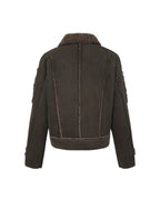 ZHABUXIAO Shearling Collar Metal Button Retro Fleece Jacket Dark Green