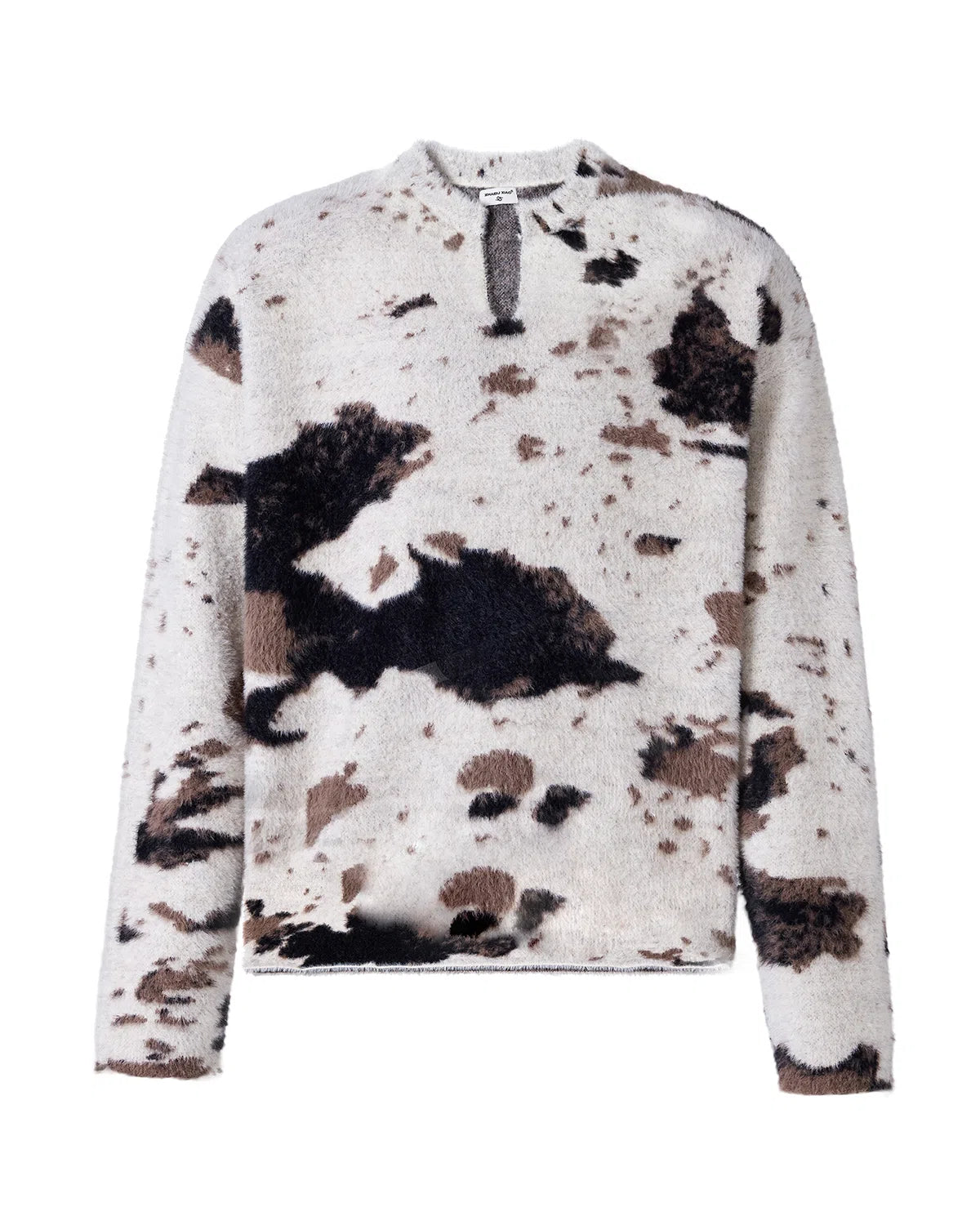 ZHABUXIAO Cow Pattern V Neck Textured Colorblock Knit Sweater Cow Print
