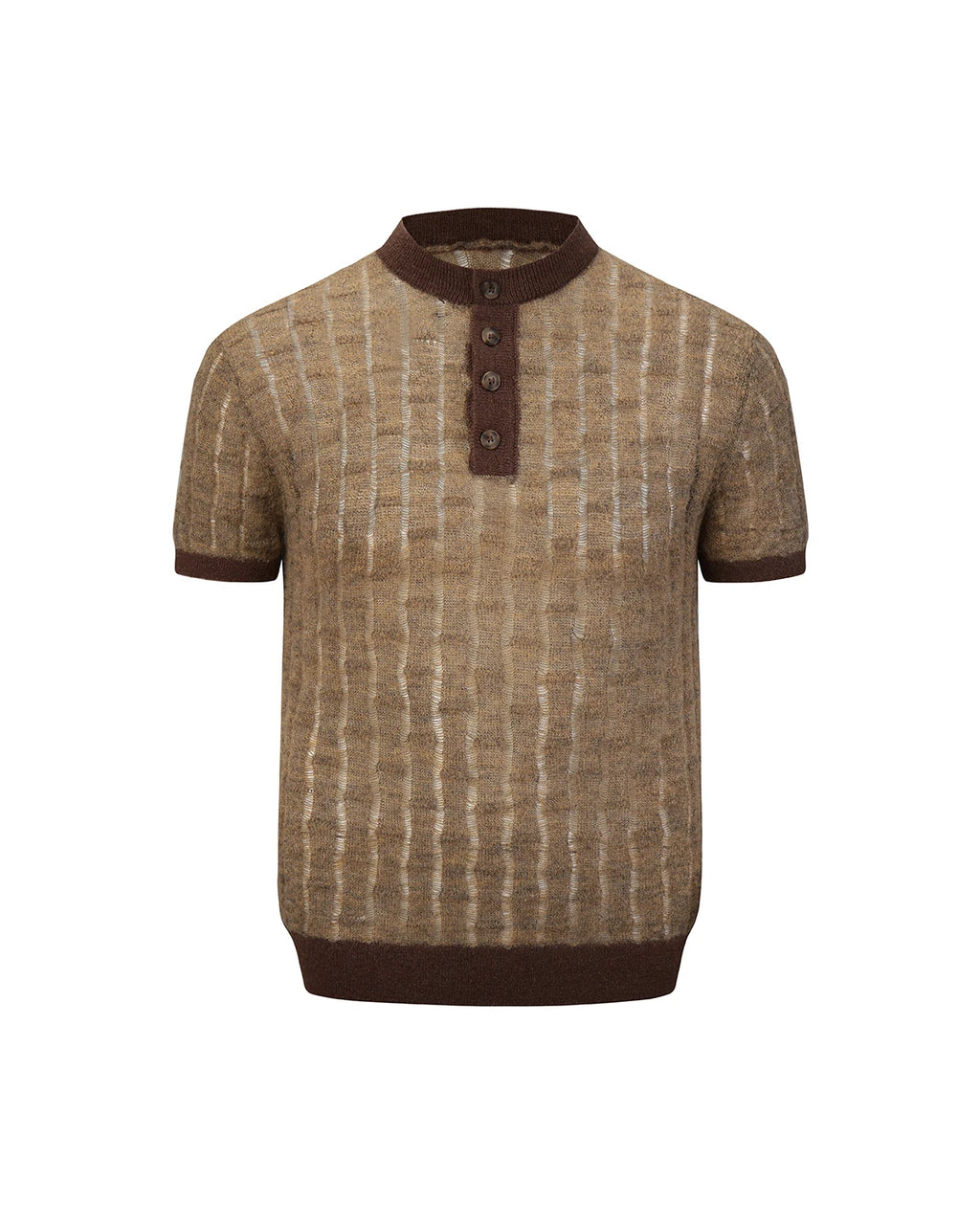 ZHABUXIAO Alpaca Mohair Henley Breathable Knit T-Shirt Brown