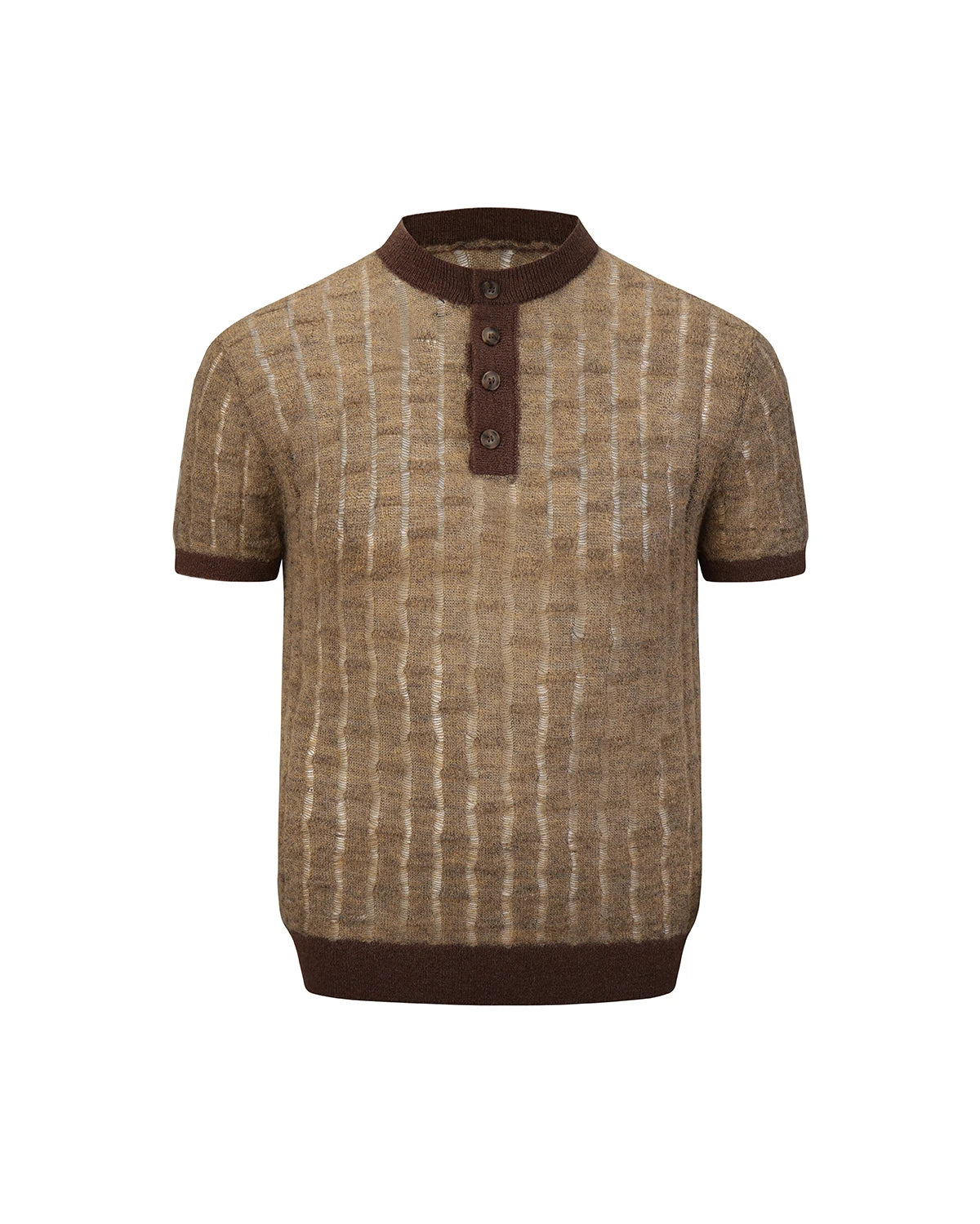 ZHABUXIAO Alpaca Mohair Henley Breathable Knit T-Shirt Brown