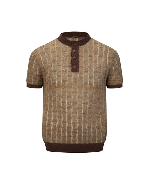 ZHABUXIAO Alpaca Mohair Henley Breathable Knit T-Shirt Brown