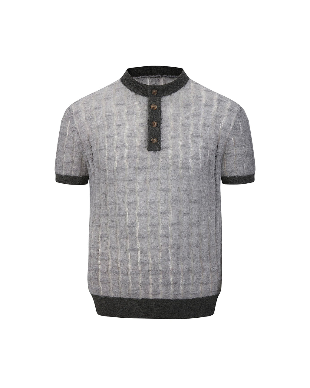 ZHABUXIAO Alpaca Mohair Henley Knit Short Sleeve Polo Shirt Gray