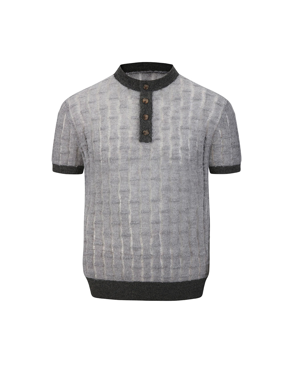 ZHABUXIAO Alpaca Mohair Henley Knit Short Sleeve Polo Shirt Gray