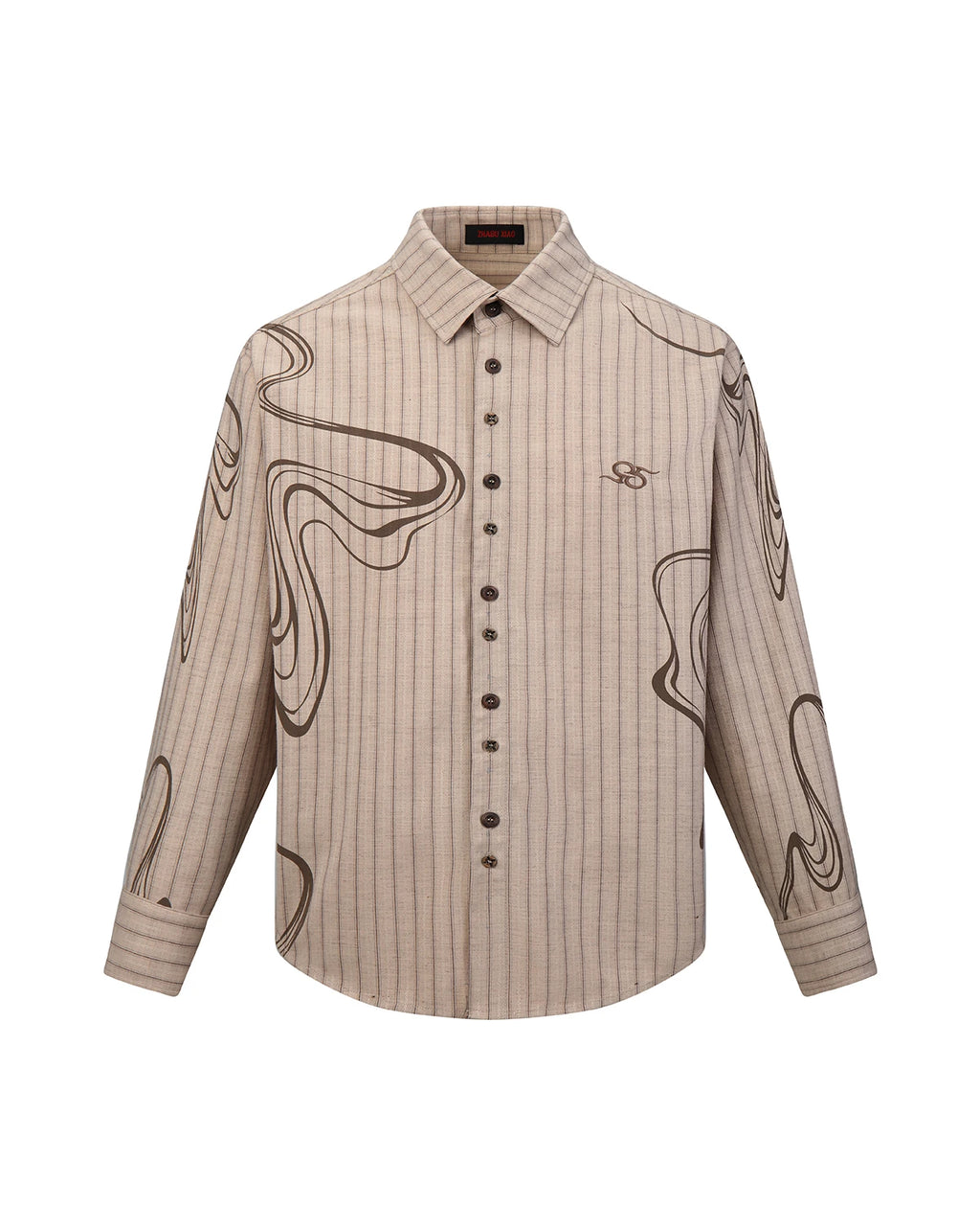 ZHABUXIAO Wave Print Striped Wool Wood Button Long Sleeve Shirt Brown