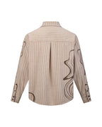 ZHABUXIAO Wave Print Striped Wool Wood Button Long Sleeve Shirt Brown