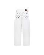 ZHABUXIAO Embroidered Polka Dot Curved Wide Leg Trousers White
