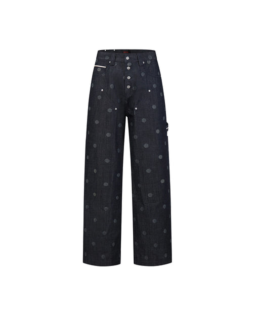 ZHABUXIAO Polka Dot Selvedge Wide Leg Denim Carpenter Jeans Blue