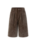 ZHABUXIAO Corduroy Plaid Acid Wash Straight Five-Point Shorts Brown