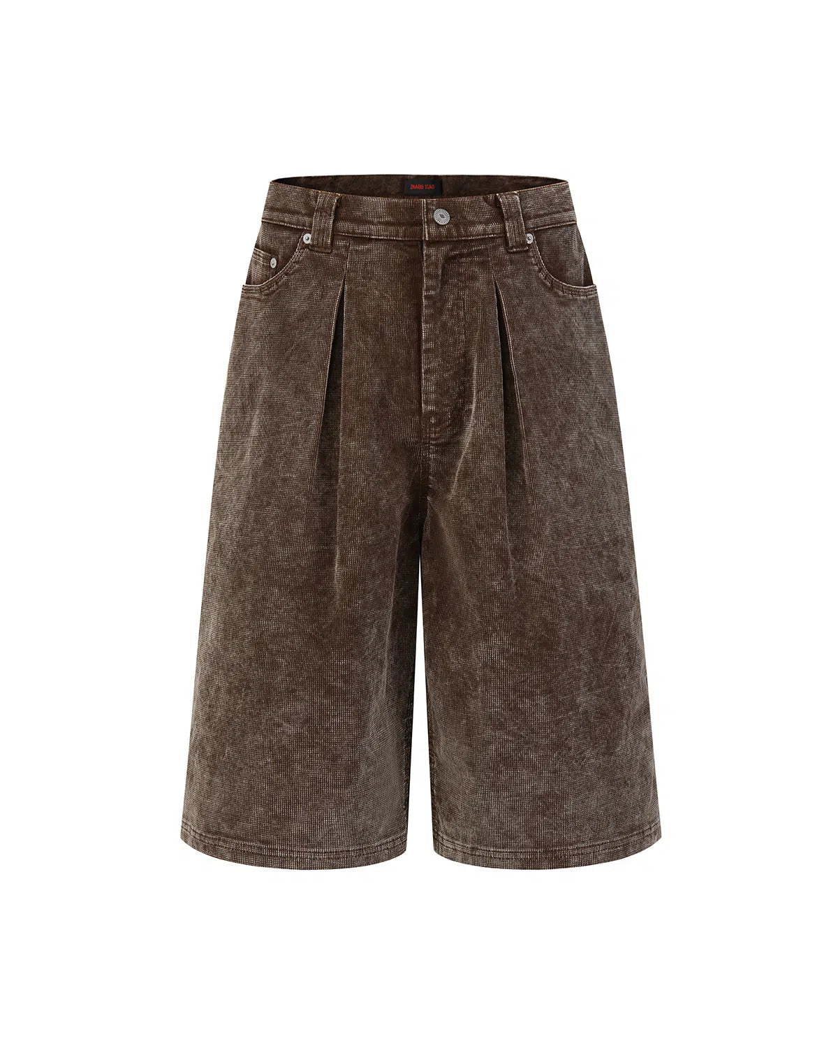 ZHABUXIAO Corduroy Plaid Acid Wash Straight Five-Point Shorts Brown