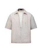 ZHABUXIAO 2-in-1 Striped Lyocell Linen Henley Short Sleeve Shirt Apricot