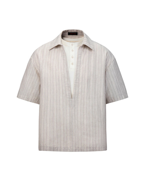 ZHABUXIAO 2-in-1 Striped Lyocell Linen Henley Short Sleeve Shirt Apricot