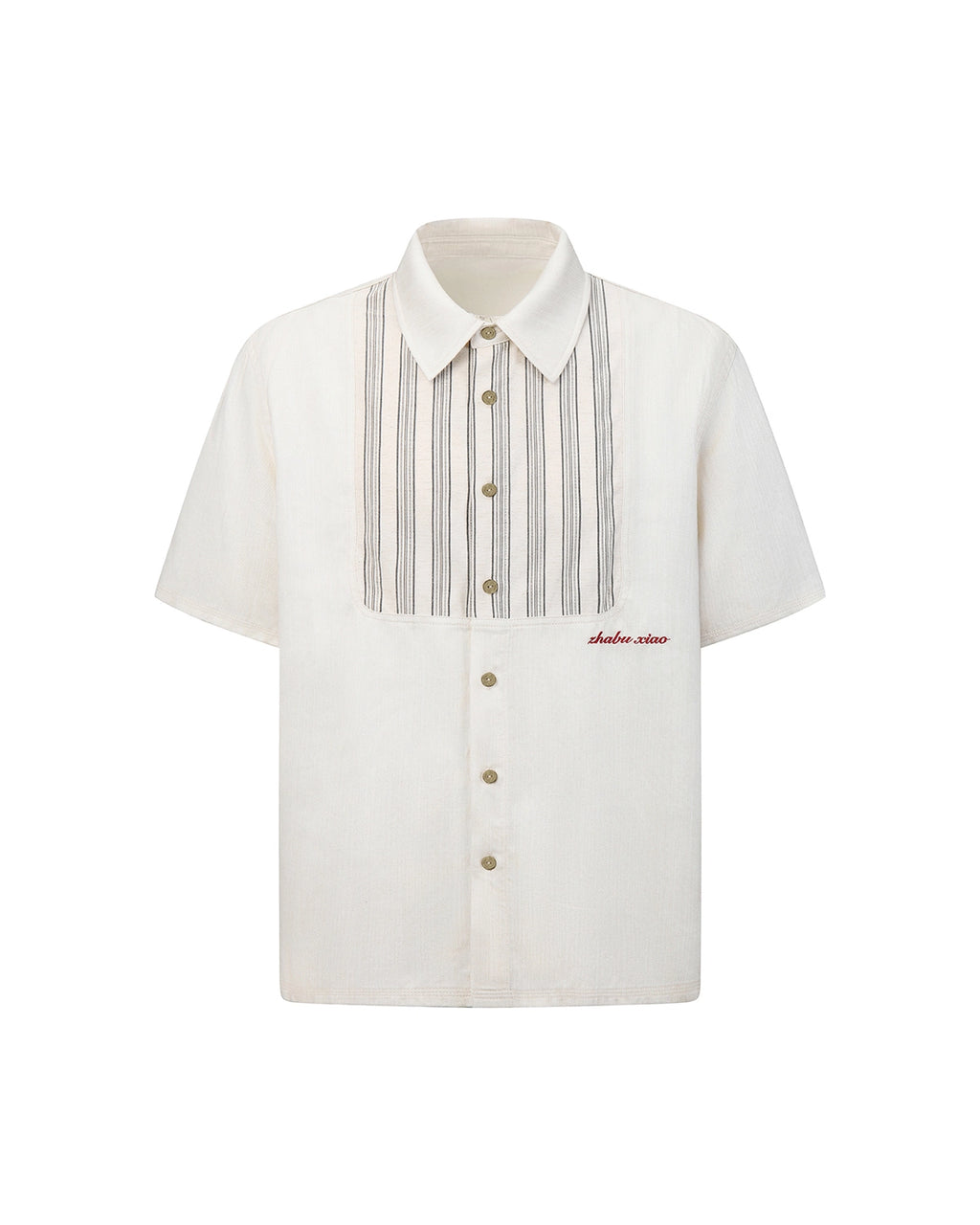 ZHABUXIAO Striped Tencel Linen Casual Short Sleeve Shirt Off White