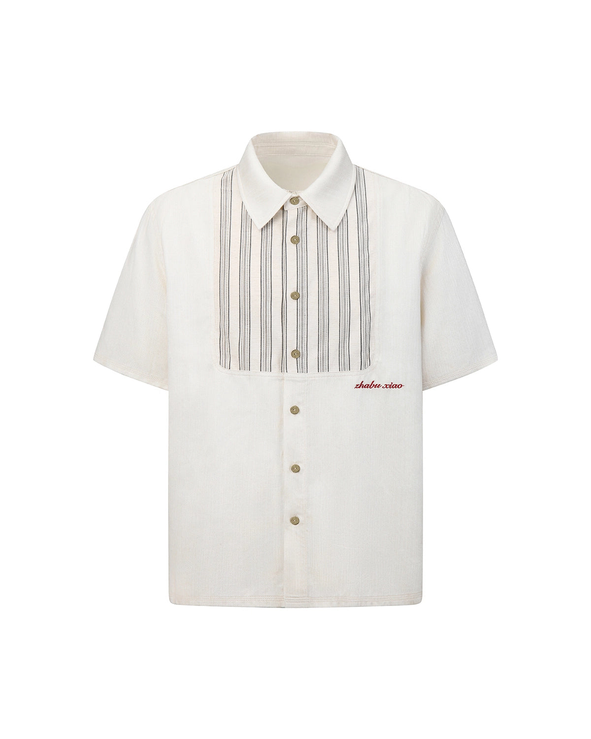 ZHABUXIAO Striped Tencel Linen Casual Short Sleeve Shirt Off White