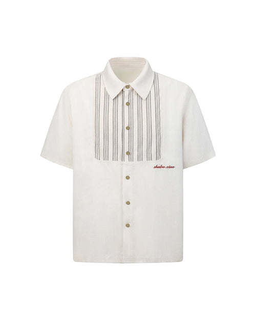 ZHABUXIAO Striped Tencel Linen Casual Short Sleeve Shirt Off White