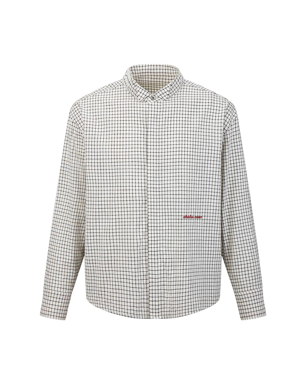 ZHABUXIAO Plaid Lyocell Linen Hidden Placket Long Sleeve Shirt Black and White Plaid