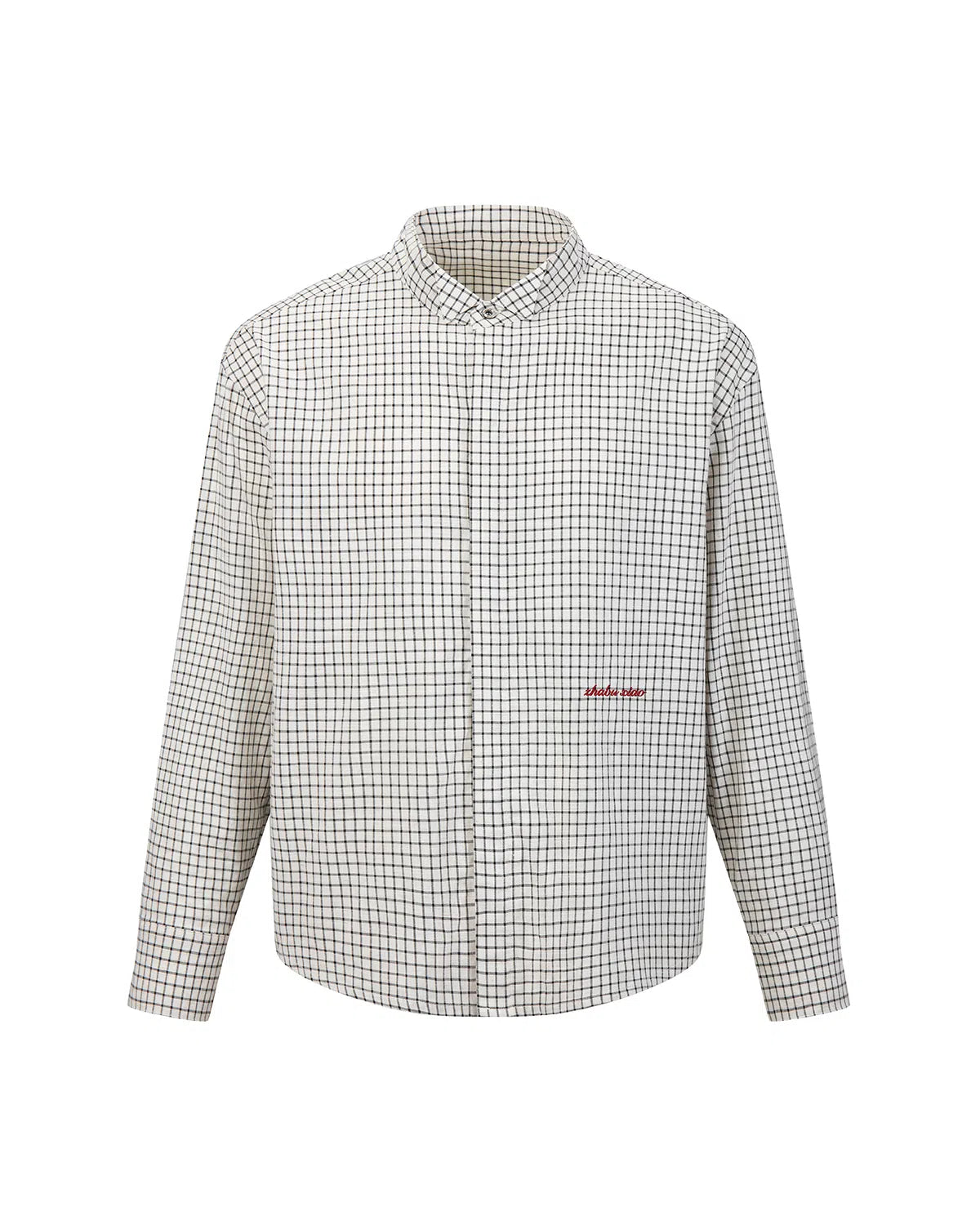 ZHABUXIAO Plaid Lyocell Linen Hidden Placket Long Sleeve Shirt Black and White Plaid