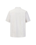 ZHABUXIAO Pleated Striped Cotton Linen Embroidery Short Shirt Gray Blue