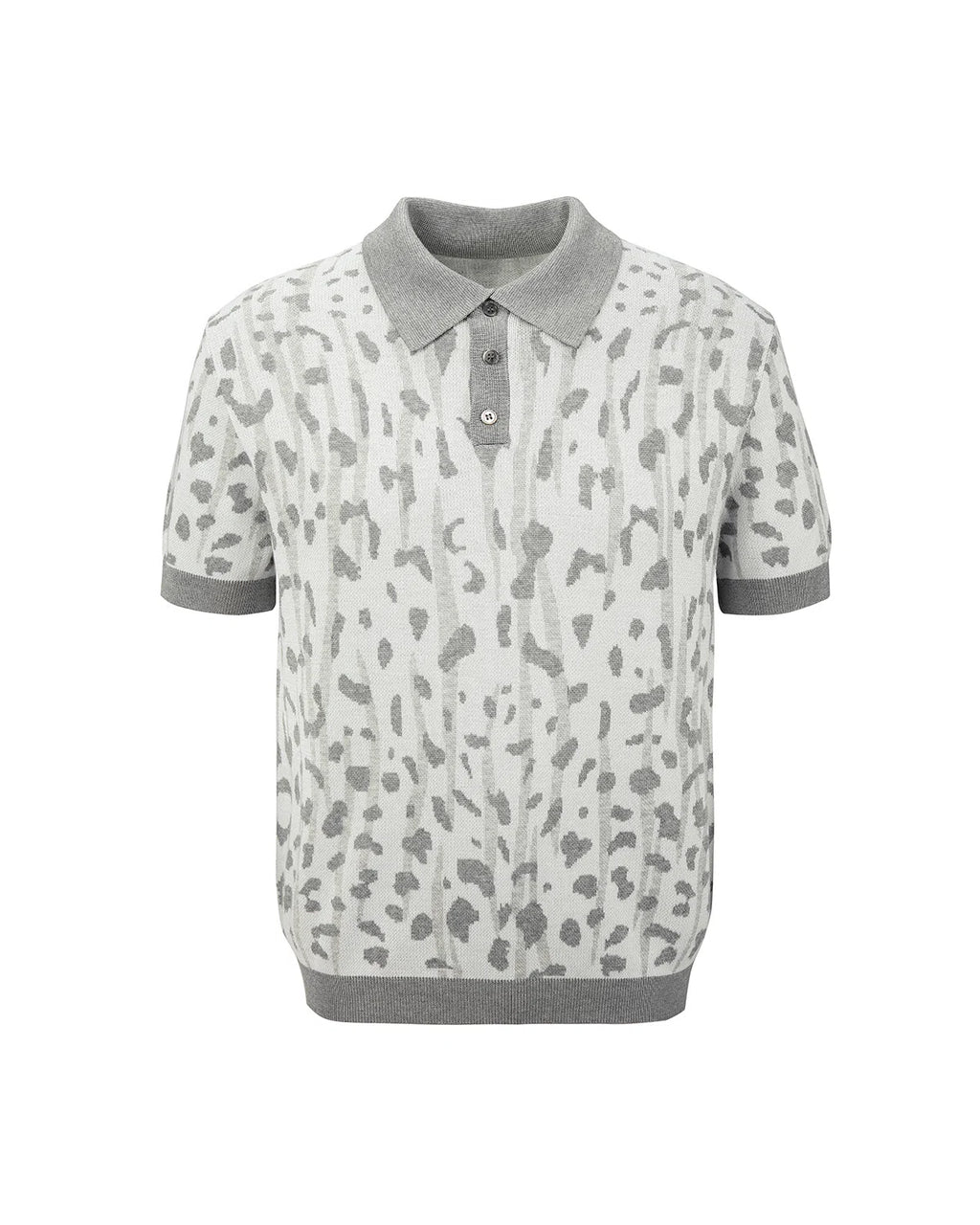 ZHABUXIAO Leopard Trim Wool Blend Ribbed Casual Polo T-Shirt Brown & Gray White