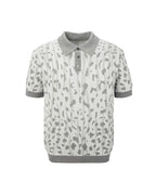 ZHABUXIAO Leopard Trim Wool Blend Ribbed Casual Polo T-Shirt Brown & Gray White