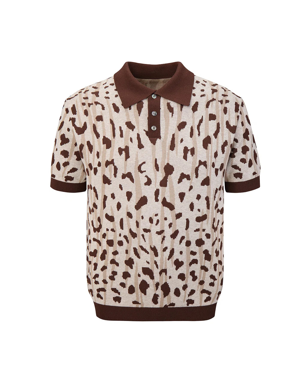 ZHABUXIAO Leopard Trim Wool Blend Ribbed Casual Polo T-Shirt Brown & Gray White