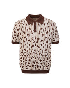 ZHABUXIAO Leopard Trim Wool Blend Ribbed Casual Polo T-Shirt Brown & Gray White