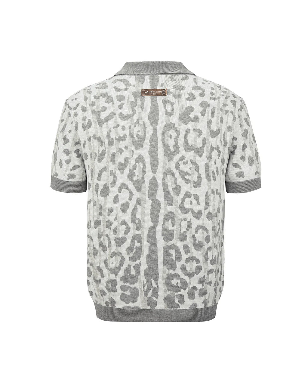 ZHABUXIAO Leopard Trim Wool Blend Ribbed Casual Polo T-Shirt Brown & Gray White