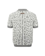 ZHABUXIAO Leopard Trim Wool Blend Ribbed Casual Polo T-Shirt Brown & Gray White