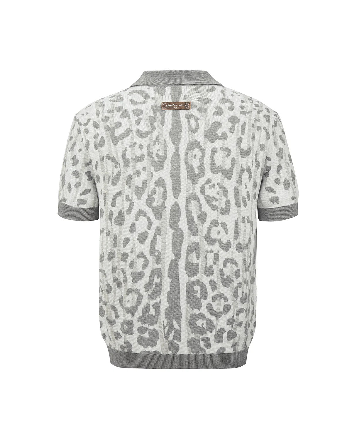 ZHABUXIAO Leopard Trim Wool Blend Ribbed Casual Polo T-Shirt Brown & Gray White