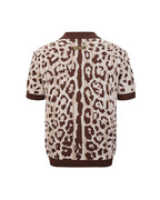 ZHABUXIAO Leopard Trim Wool Blend Ribbed Casual Polo T-Shirt Brown & Gray White