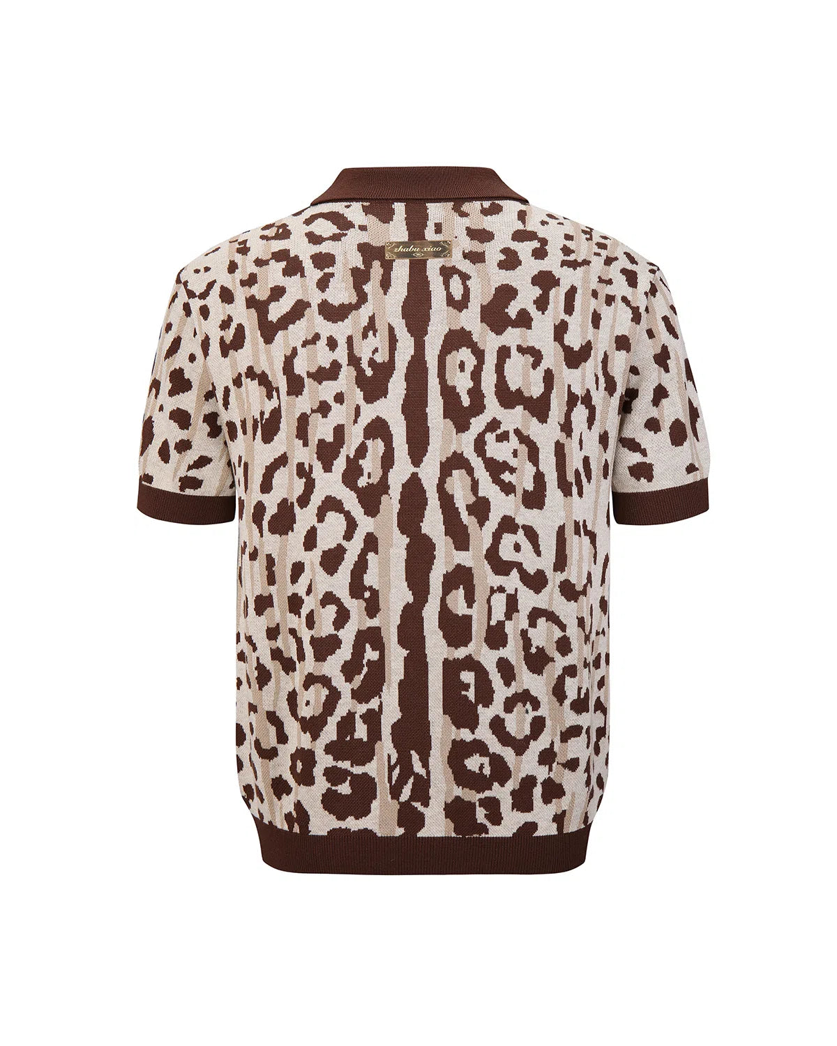 ZHABUXIAO Leopard Trim Wool Blend Ribbed Casual Polo T-Shirt Brown & Gray White