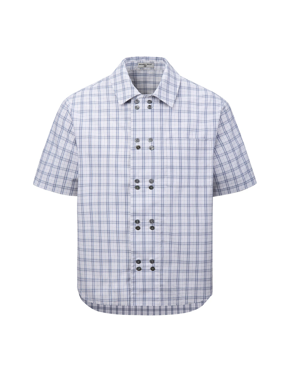 ZHABUXIAO Double Breasted Loose Plaid Curved Hem Shirt Blue