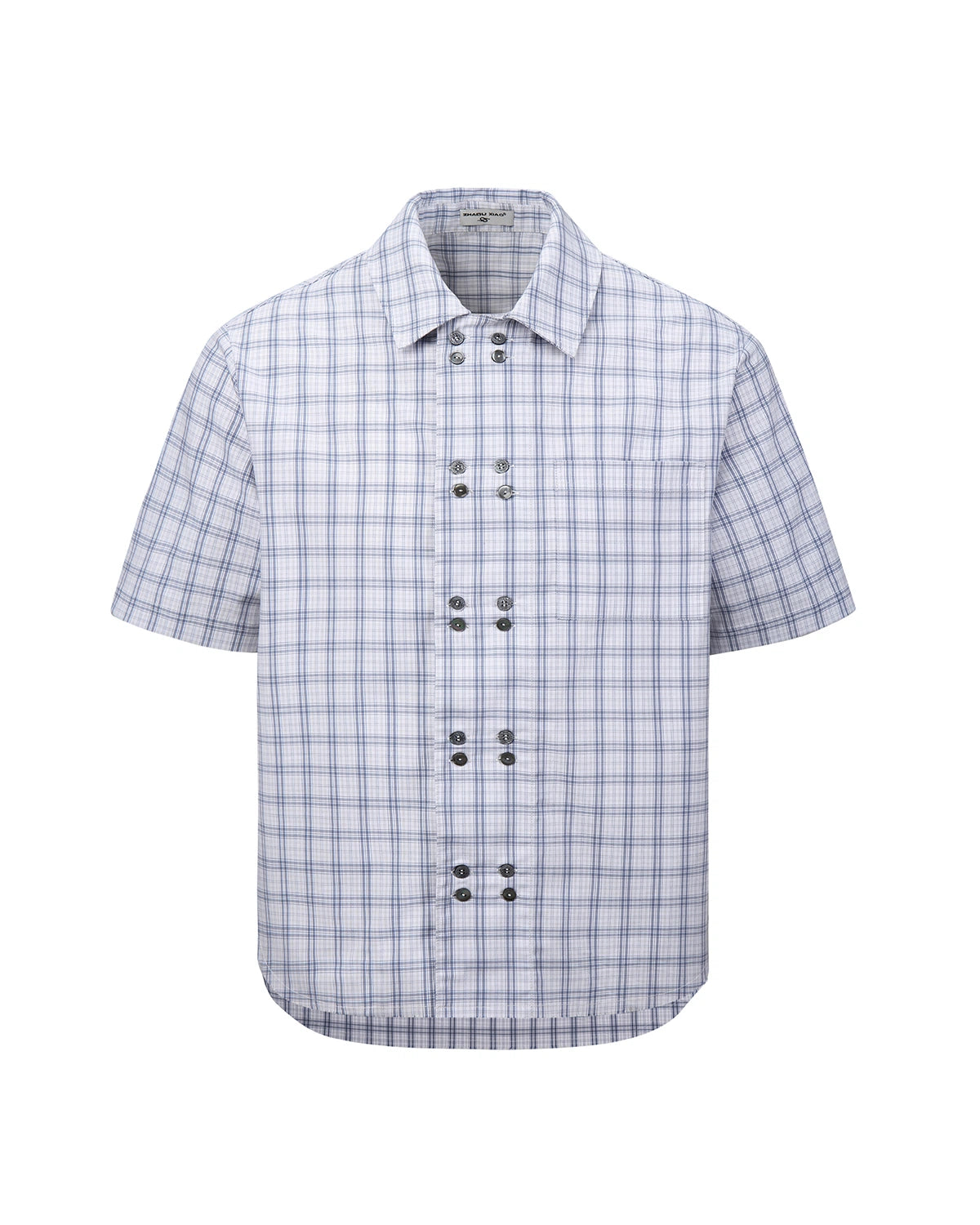 ZHABUXIAO Double Breasted Loose Plaid Curved Hem Shirt Blue